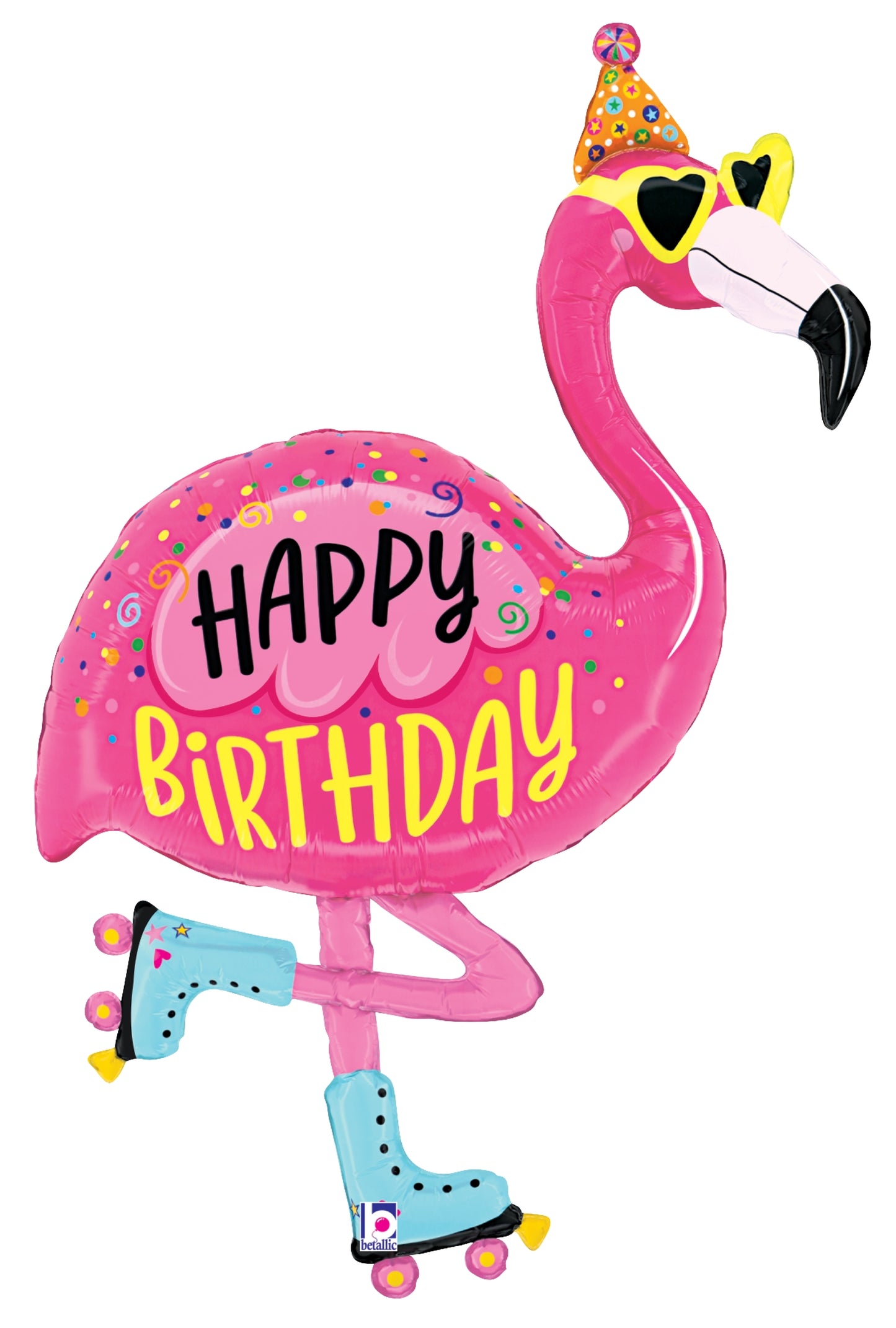 Bright pink foil flamingo balloon wearing a party hat and black sunglasses, "Happy Birthday" text on body, roller skates.