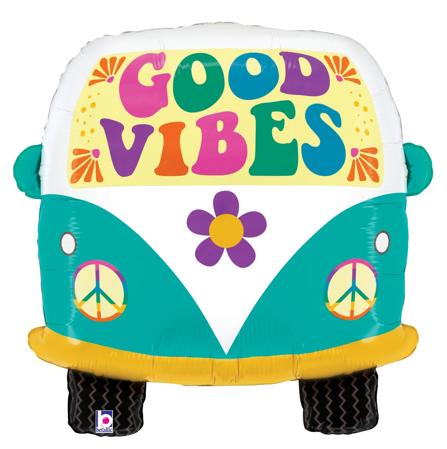 Retro teal and white bus foil balloon with "Good Vibes" text, peace signs, and flower design.