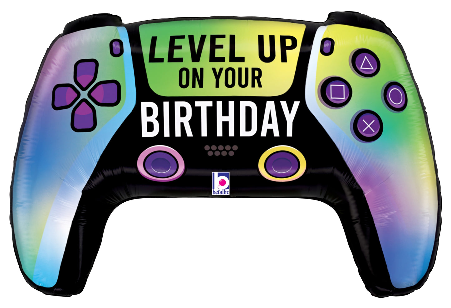 Colorful foil balloon shaped like a game controller with "Level up on your birthday" text in green and white.