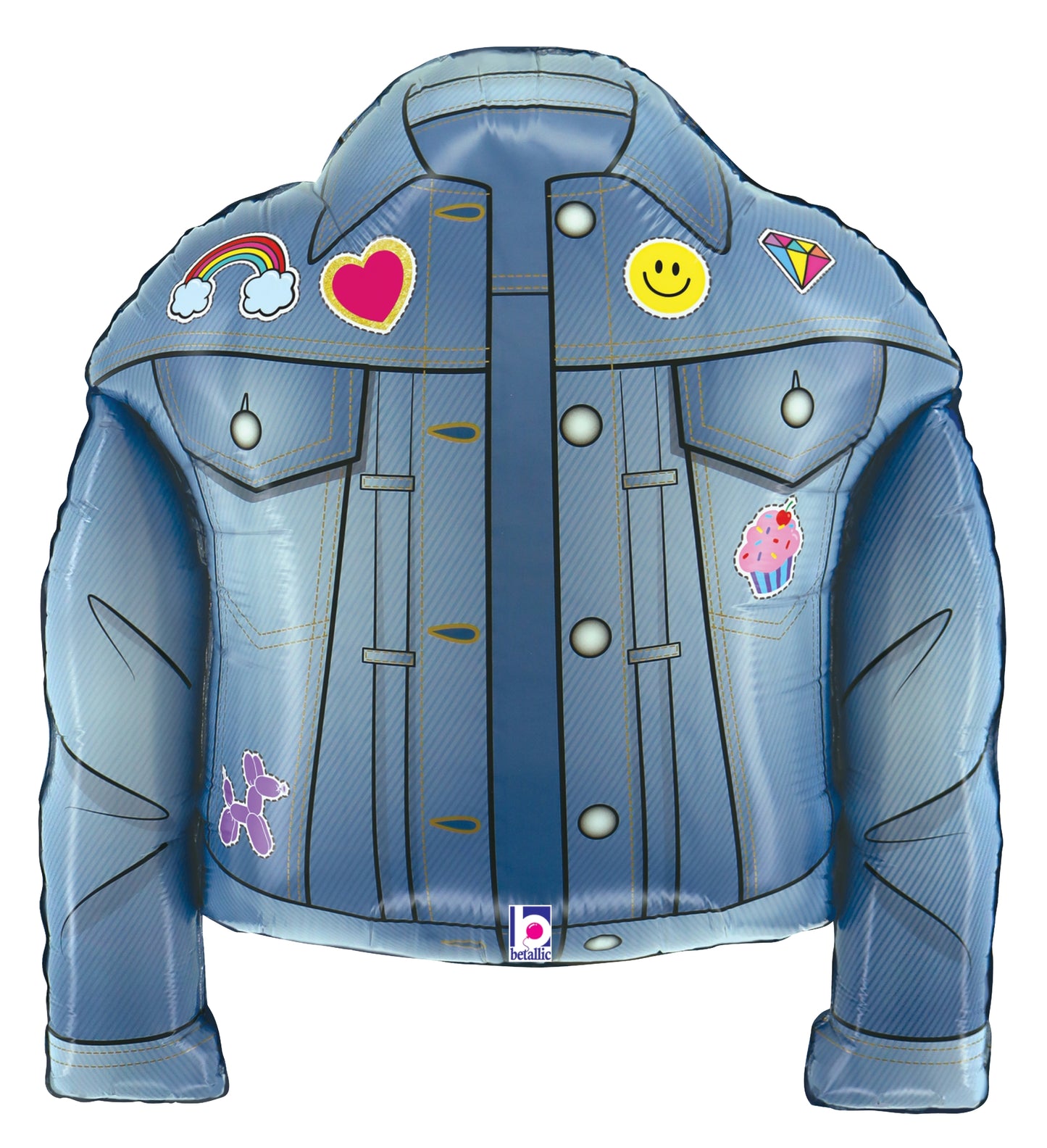 Denim jacket shaped foil balloon decorated with colorful birthday patches including rainbow, heart, smiley face, diamond,.