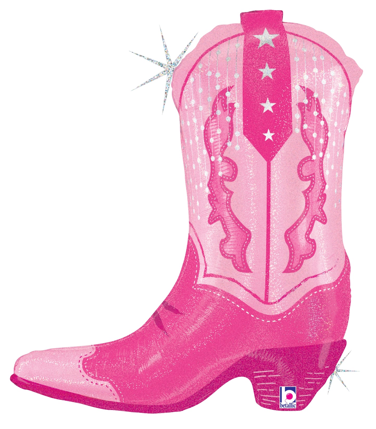 Tall pink cowgirl boot balloon with glittery holographic foil and star accents.