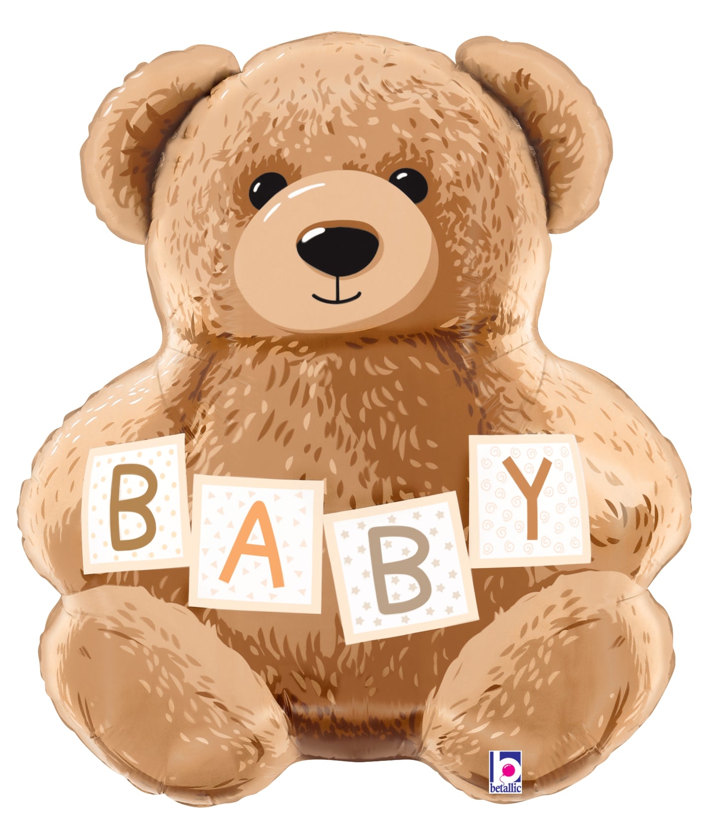26-inch light brown teddy bear foil balloon holding blocks spelling "BABY" in orange and brown letters.