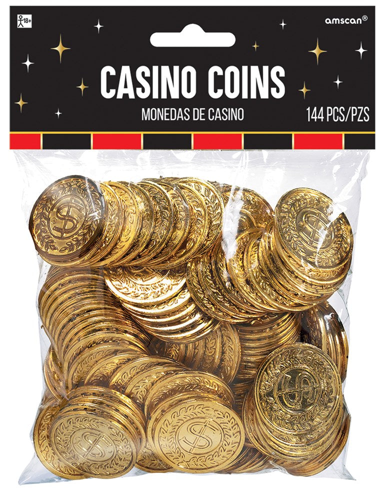 Bag of 144 shiny gold plastic coins with embossed casino chip designs, stacked and scattered inside clear packaging.