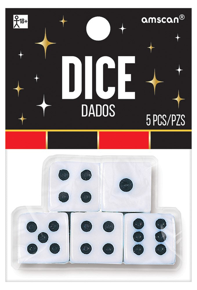 Five white translucent casino dice with black dots in clear plastic packaging on a black and red backing card.