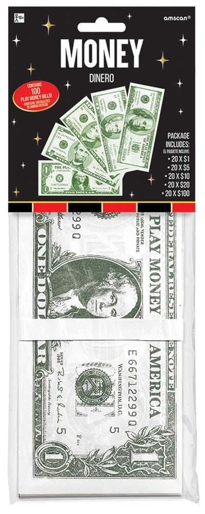 Pack of 100 casino play money bills designed to look like U.S. dollars in green and white packaging.