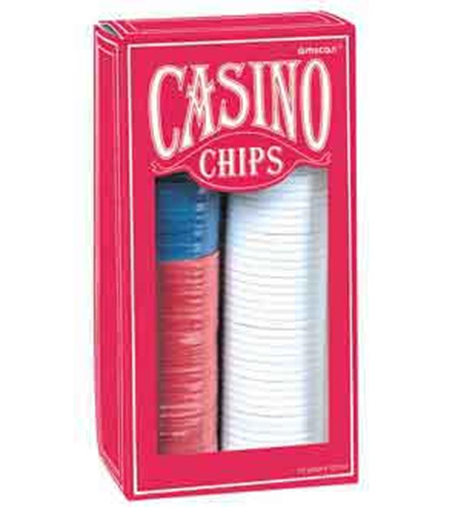 150-count poker chip set with red, white, and blue chips in a red box labeled "Casino Chips".