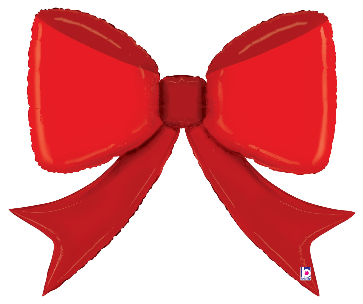 Shiny red foil balloon shaped like a large decorative bow with two long tails.