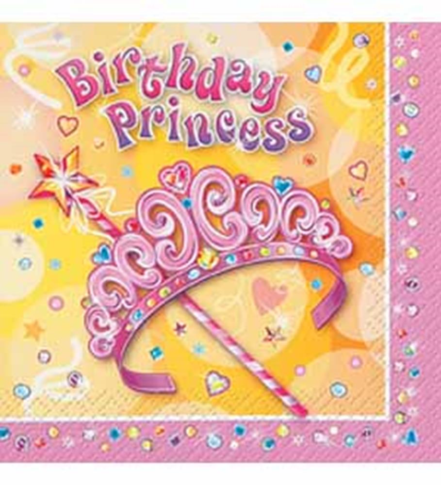 Pink square napkin with a jeweled princess tiara and magic wand, decorated with hearts and sparkles.