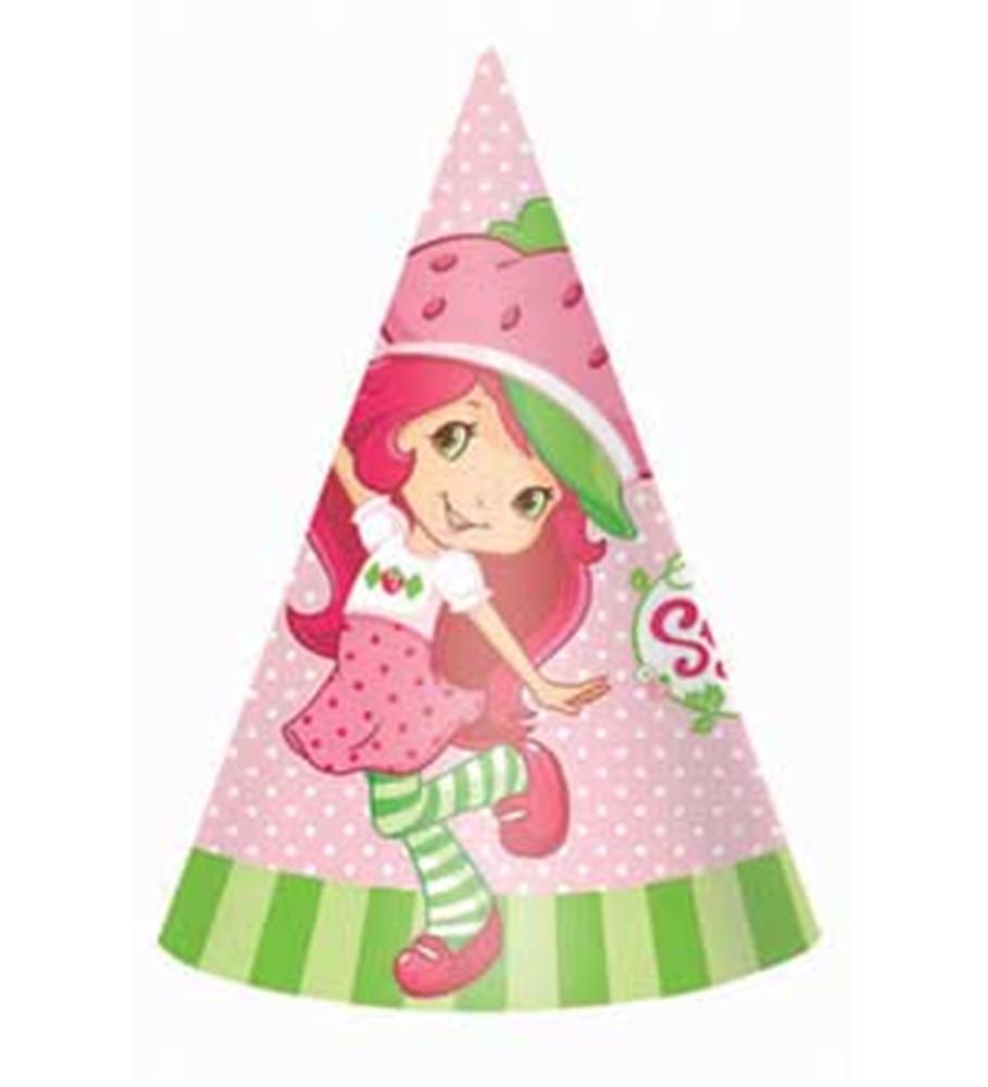 Pink and green cone party hat featuring Strawberry Shortcake with striped stockings and polka dot dress.