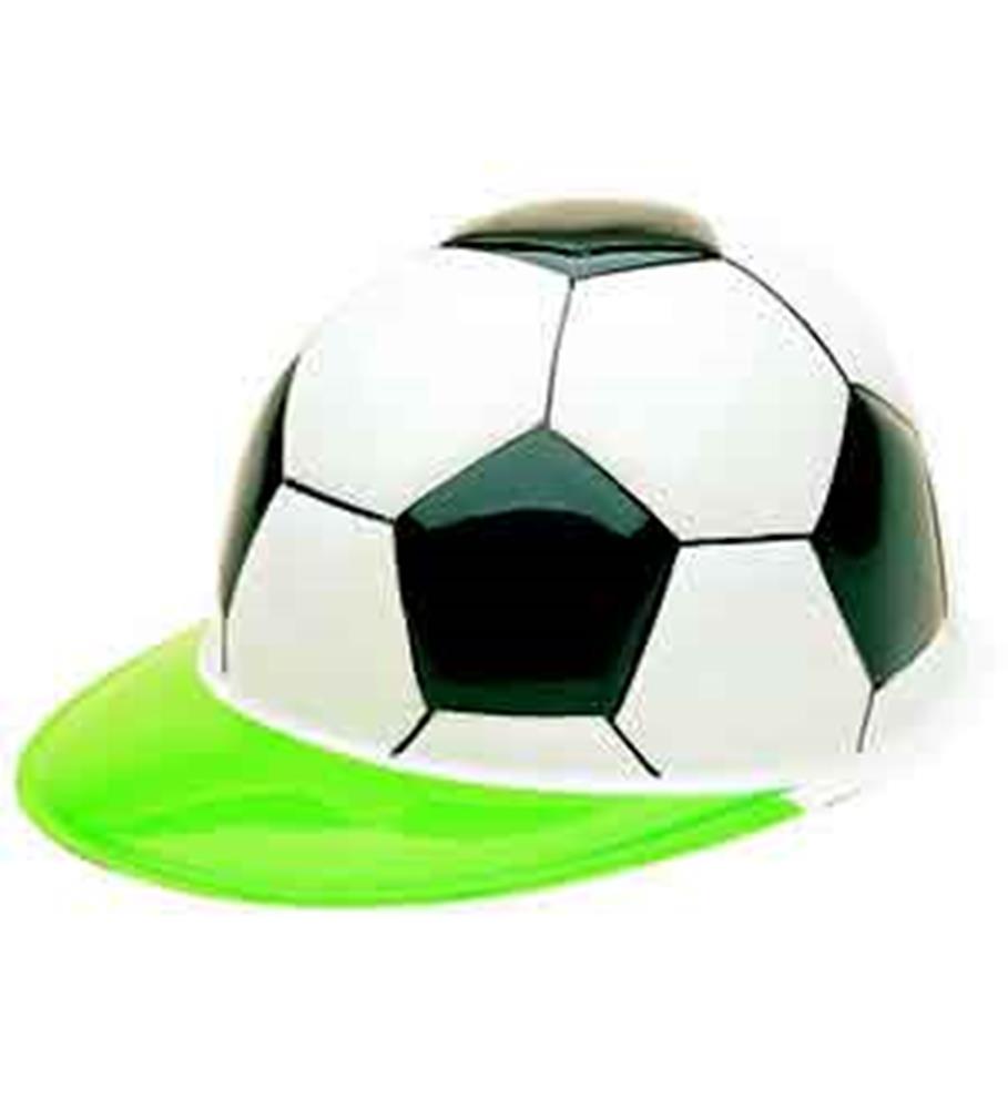 White and black soccer ball-patterned hat with a bright green translucent brim.