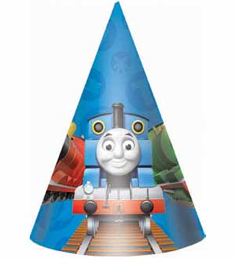 Blue cone-shaped party hat featuring Thomas the Tank Engine smiling on train tracks.