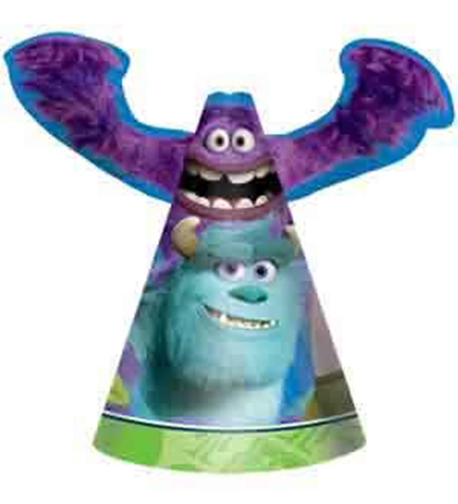 Cone party hat with colorful Monsters University characters Sulley and Mike, featuring a purple and blue design with green.