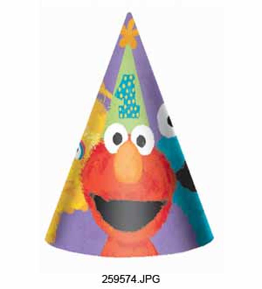 Purple cone party hat with colorful Sesame Street characters Elmo, Cookie Monster, and Big Bird.