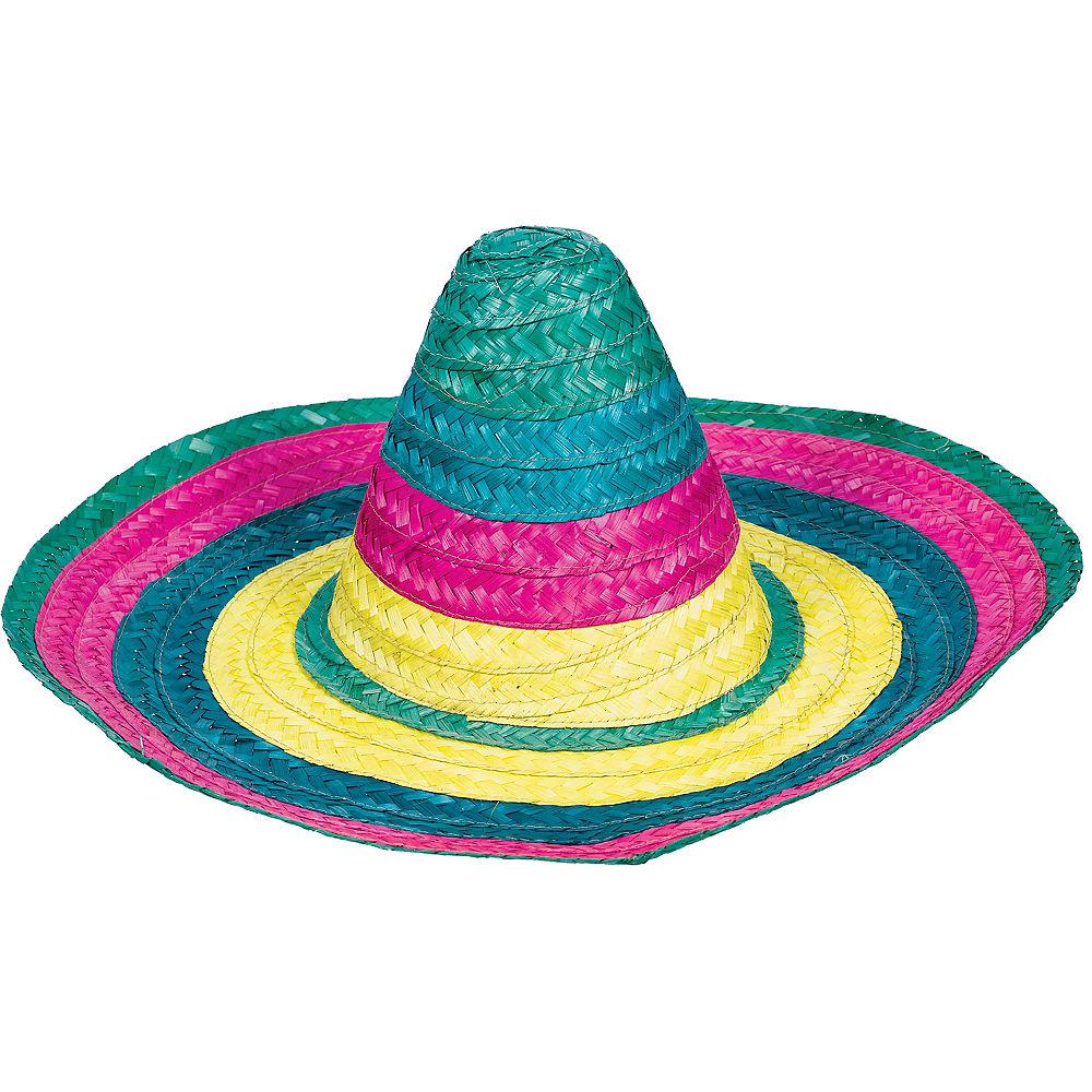 Colorful woven straw sombrero with wide brim in green, pink, and yellow concentric stripes.
