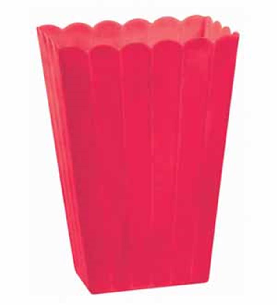 Red plastic container with scalloped edges and tapered rectangular shape.