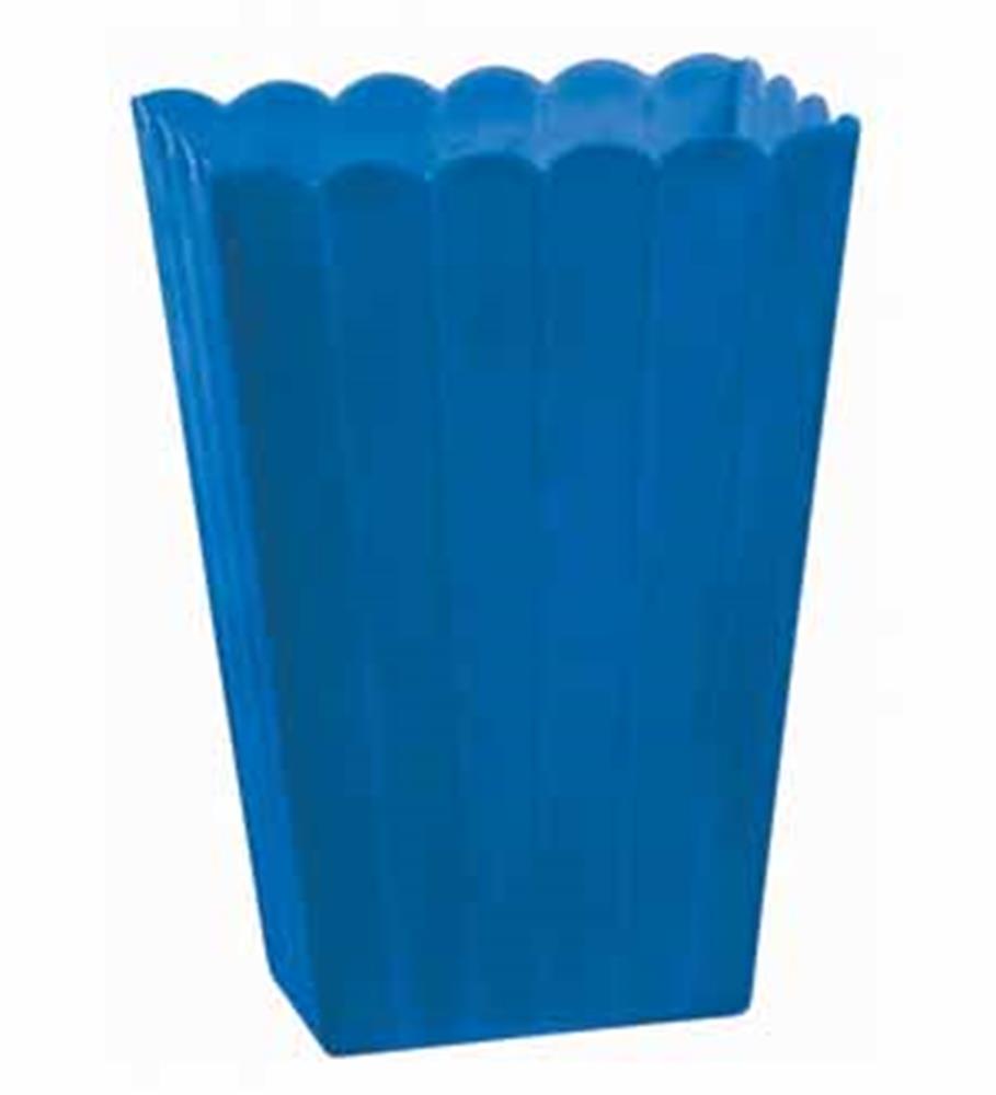 Blue plastic container with scalloped rim and tapered rectangular shape.