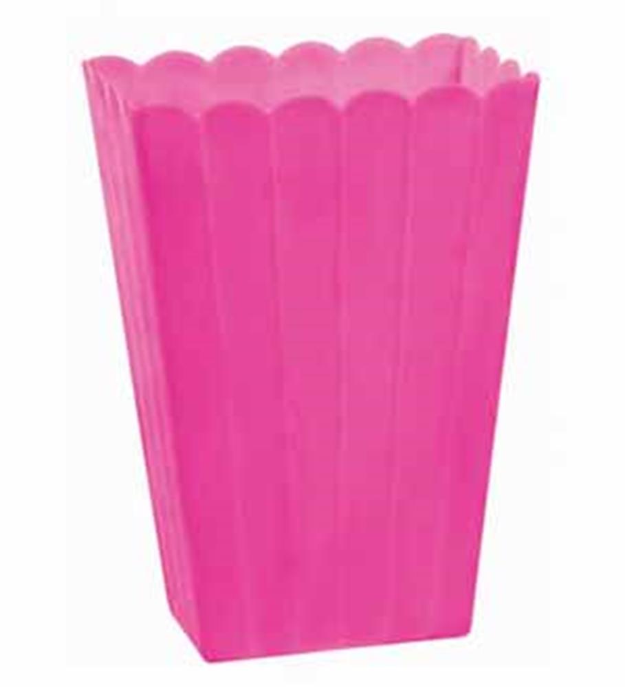 Bright pink plastic container with scalloped top edge and vertical panel design.