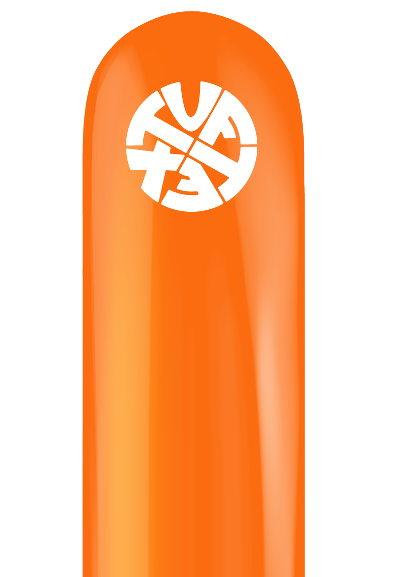 Bright orange elongated balloon with white Tuftex logo centered near the top.