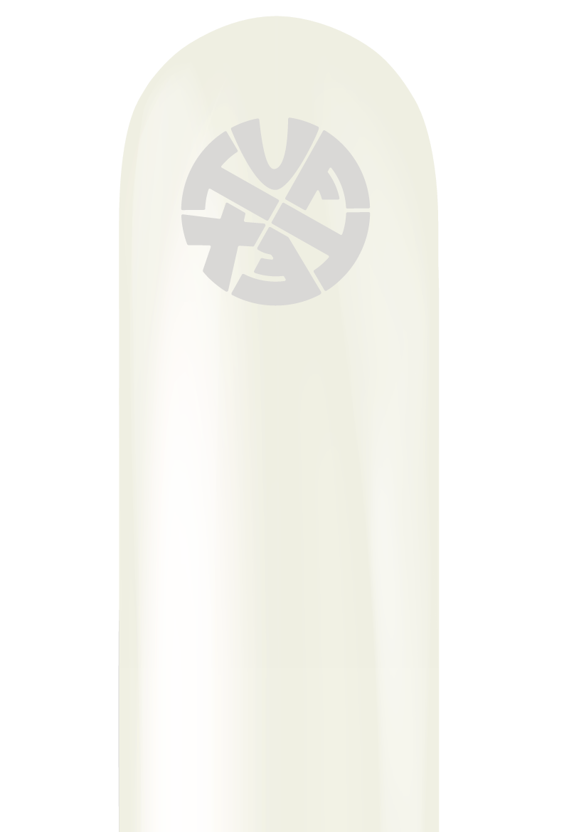 White elongated latex balloon with rounded tip and printed Tuftex logo near opening.