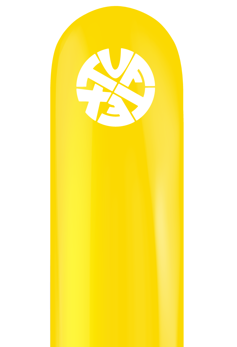 Bright yellow elongated latex balloon with Tuftex white logo printed near the neck.