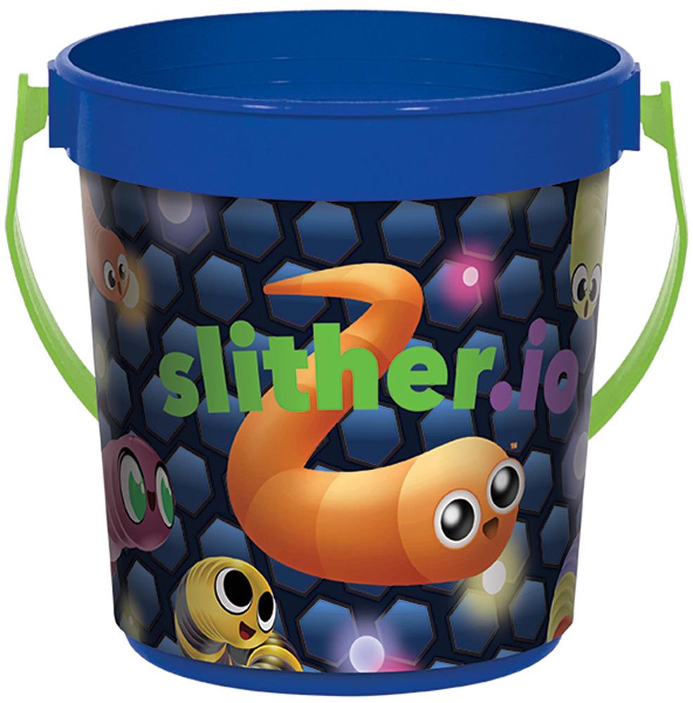 Blue plastic favor container bucket with green handle, featuring colorful Slither.