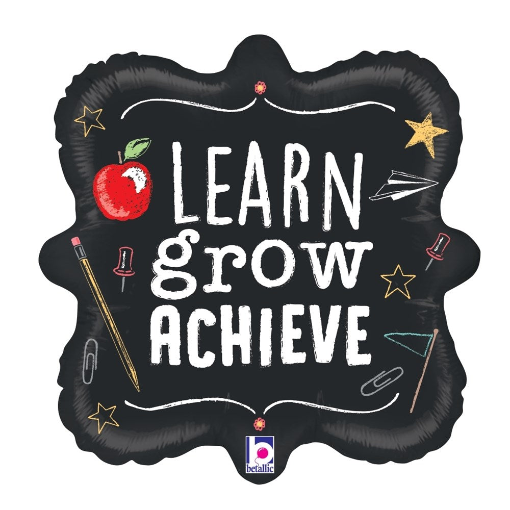 Black star-shaped foil balloon with white chalk-style text "Learn Grow Achieve," decorated with colorful school-themed.