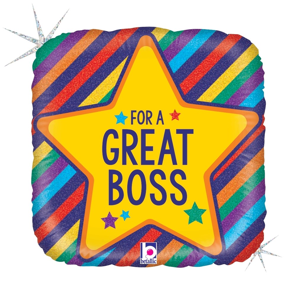 Square holographic foil balloon with colorful diagonal stripes and a large yellow star saying "For a Great Boss" in bold.