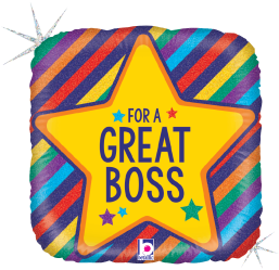 Square foil balloon with rainbow diagonal stripes and a large yellow star in the center reading "For a Great Boss".