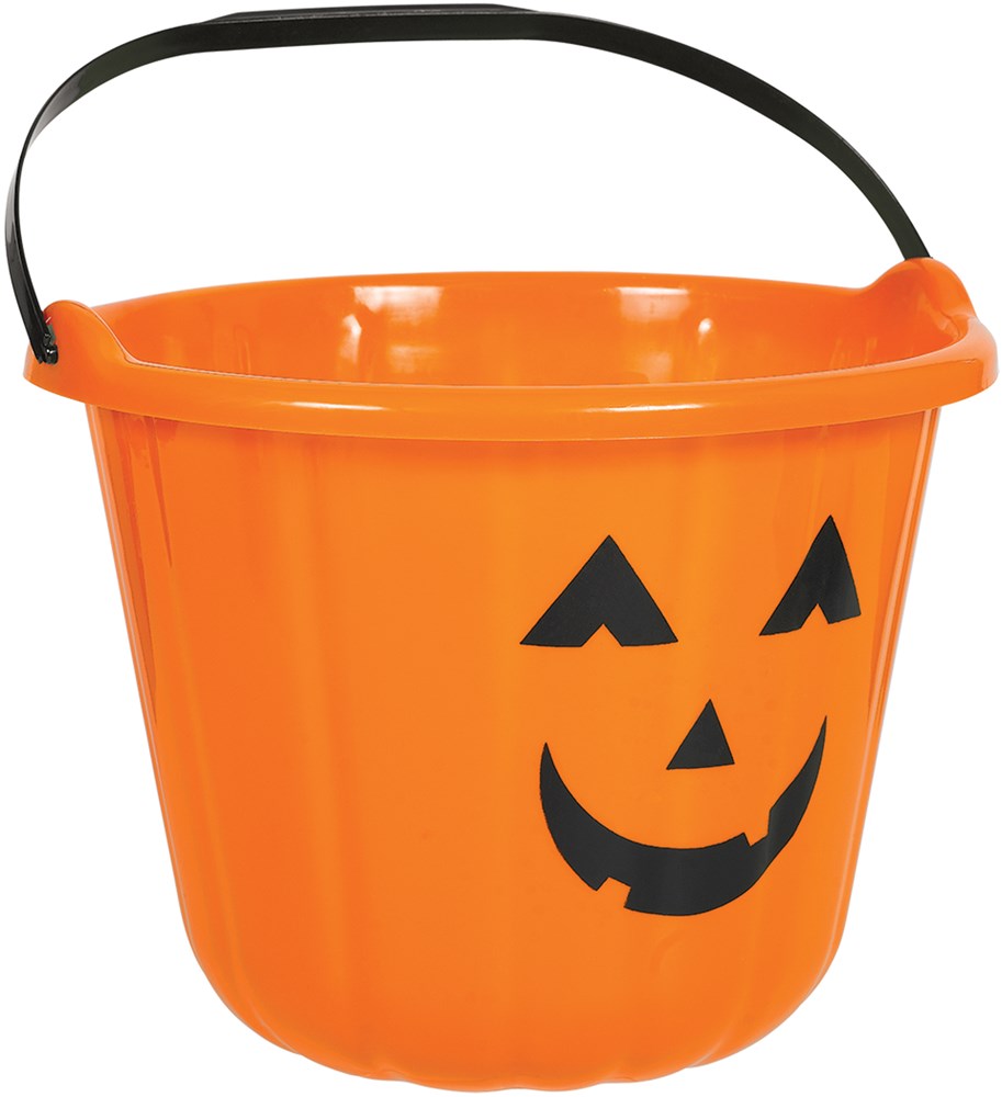 Bright orange plastic bucket with black jack-o'-lantern face and black handle.