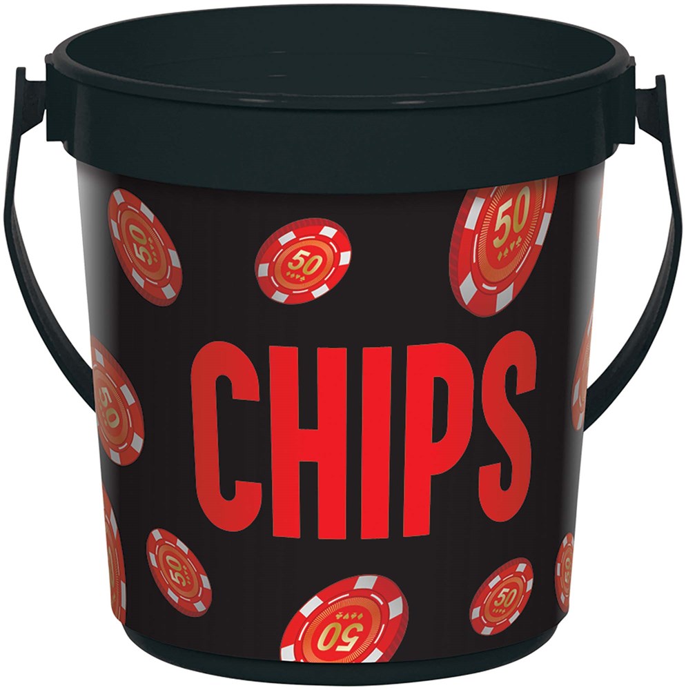 Black bucket with red text "CHIPS" and red poker chip graphics, black handle and lid.
