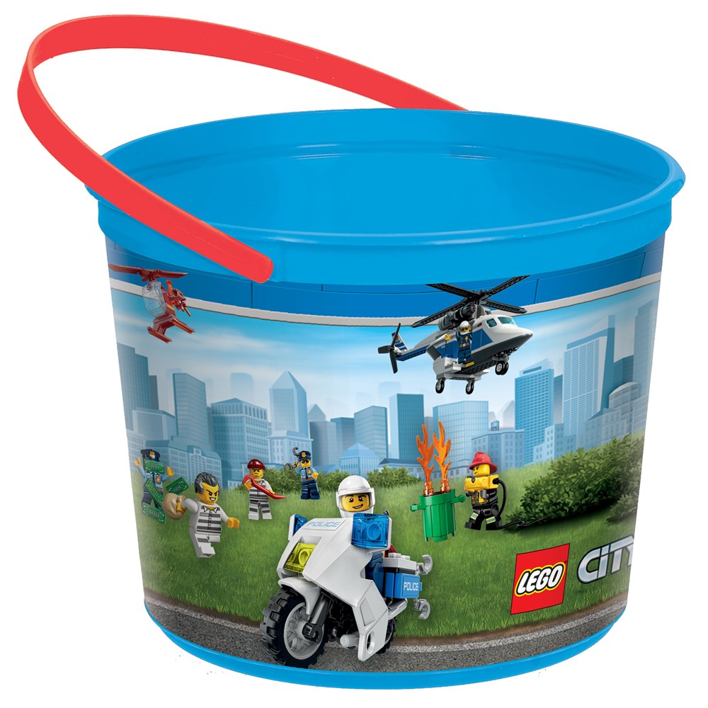 Blue plastic bucket featuring Lego City characters with a red handle for carrying.