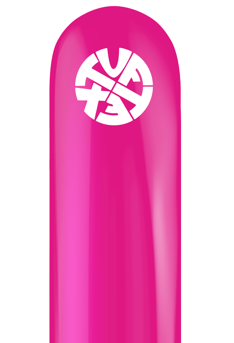 Hot pink latex balloon with white Tuftex logo printed on front, elongated oval shape.