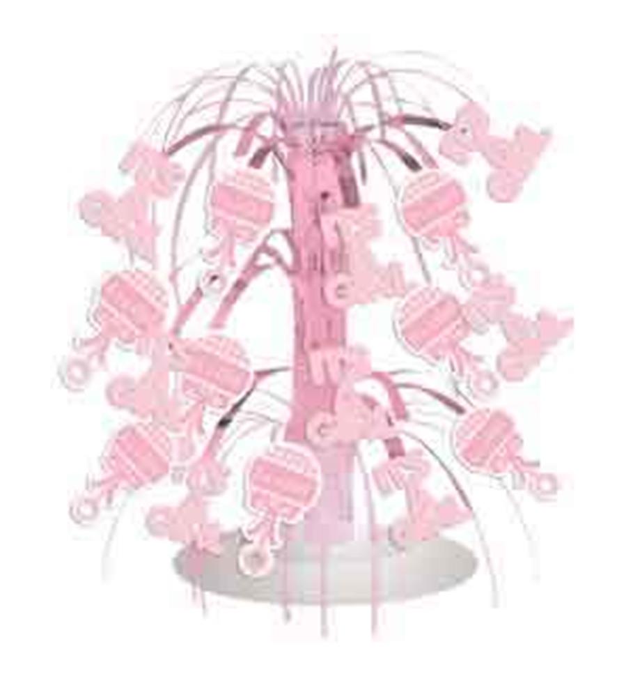 Pink gingham girl and baby bottle decorations cascading from a white cone base centerpiece mobile.