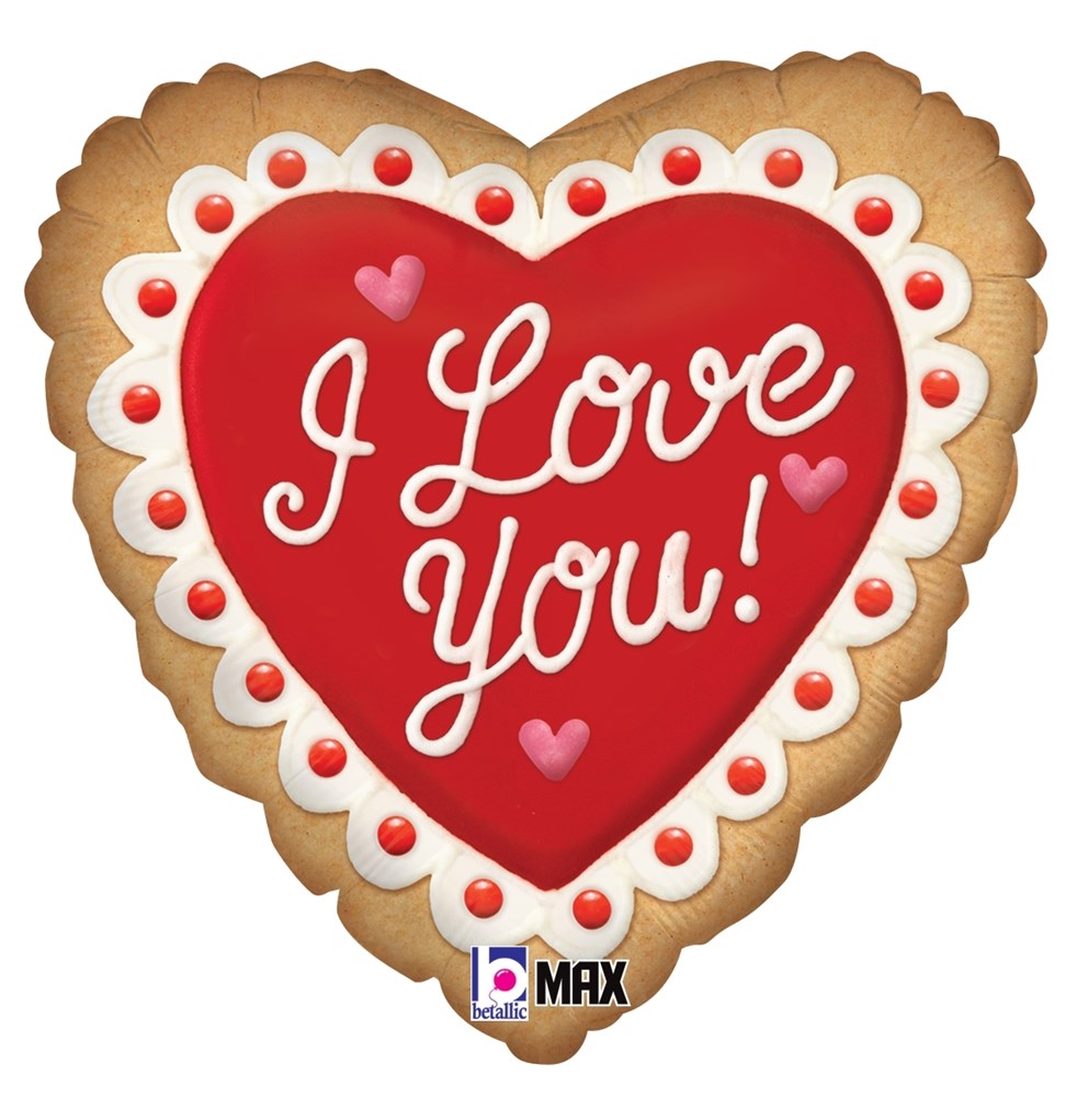18-inch heart-shaped foil balloon designed like a cookie with red center and white icing text "I Love You!".