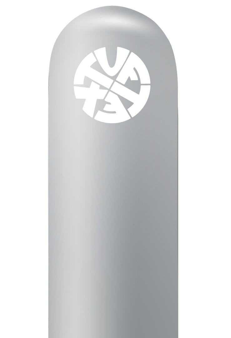 Silvery metallic 260 latex balloon with white LA Warehouse logo on smooth surface.