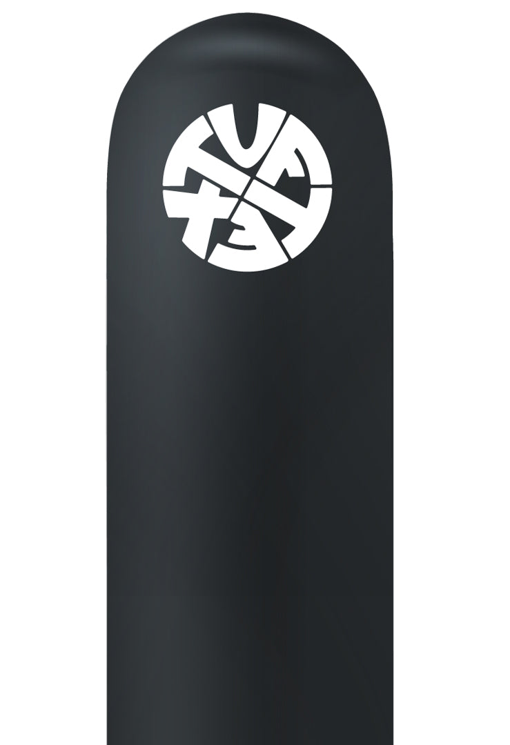 Matte black latex balloon with white Tuftex logo printed near the top.