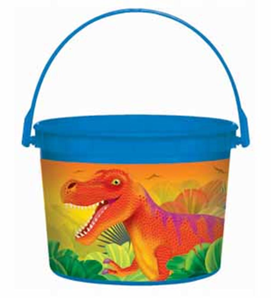 Round plastic favor container with blue lid and handle, featuring colorful T-Rex dinosaur on orange and green prehistoric.