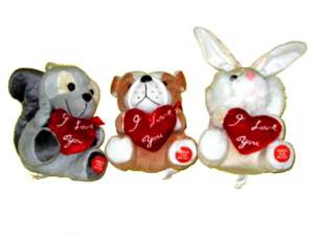 Set of three plush animal toys—a gray squirrel, brown and white dog, and white bunny—each holding a red heart with "I Love.