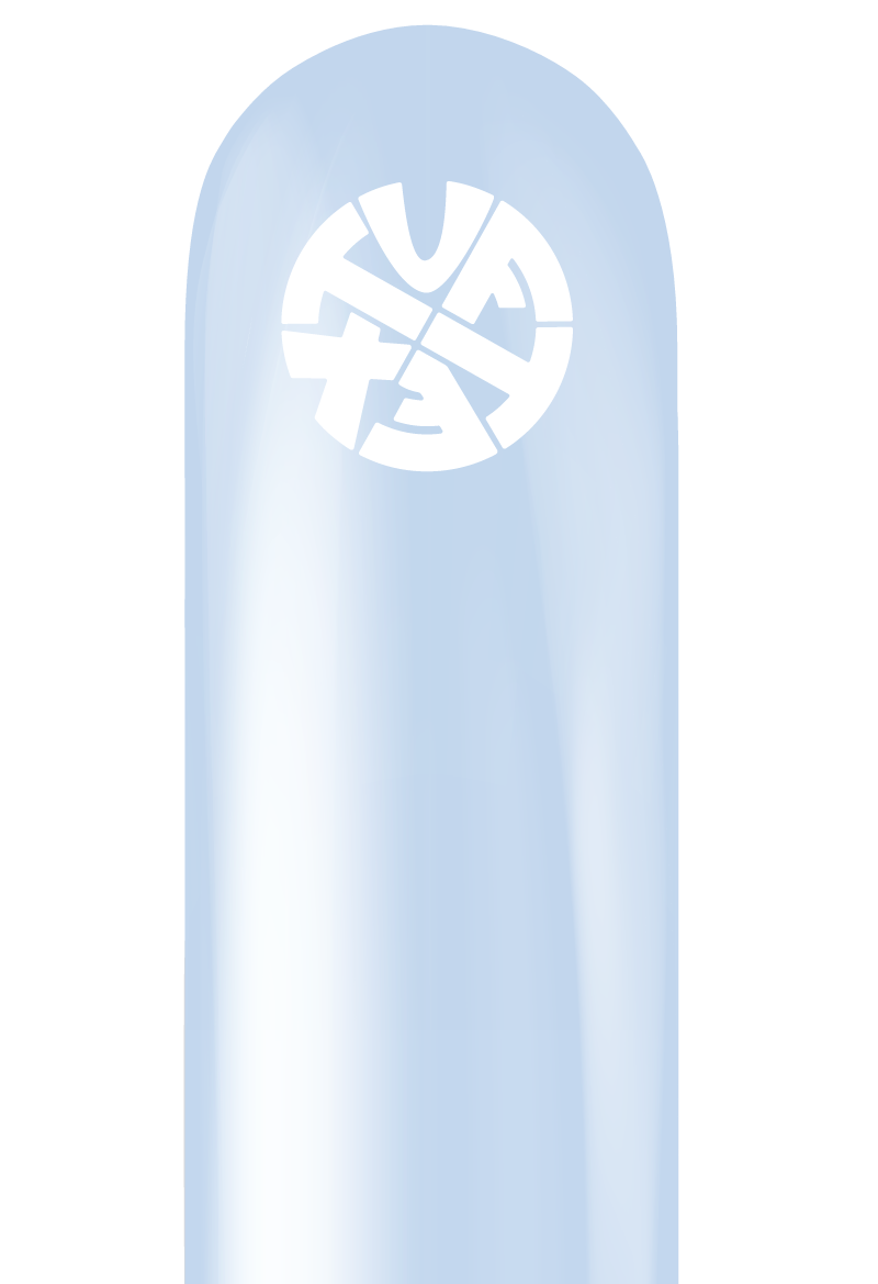 Light blue elongated latex balloon with white Tuftex logo near the top.