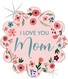 18-inch pink foil balloon with floral design and teal "I Love You Mom" text, scalloped edges.