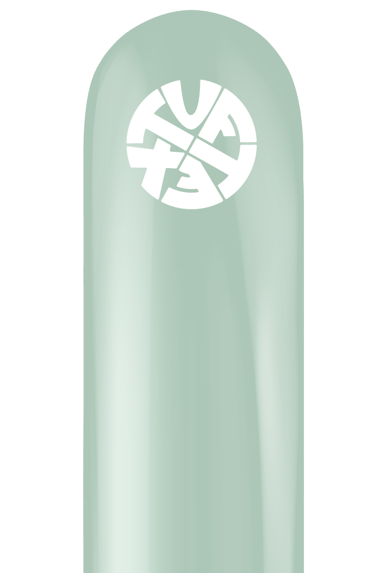 Light green mint-colored long balloon with white Tuftex logo printed near the top.