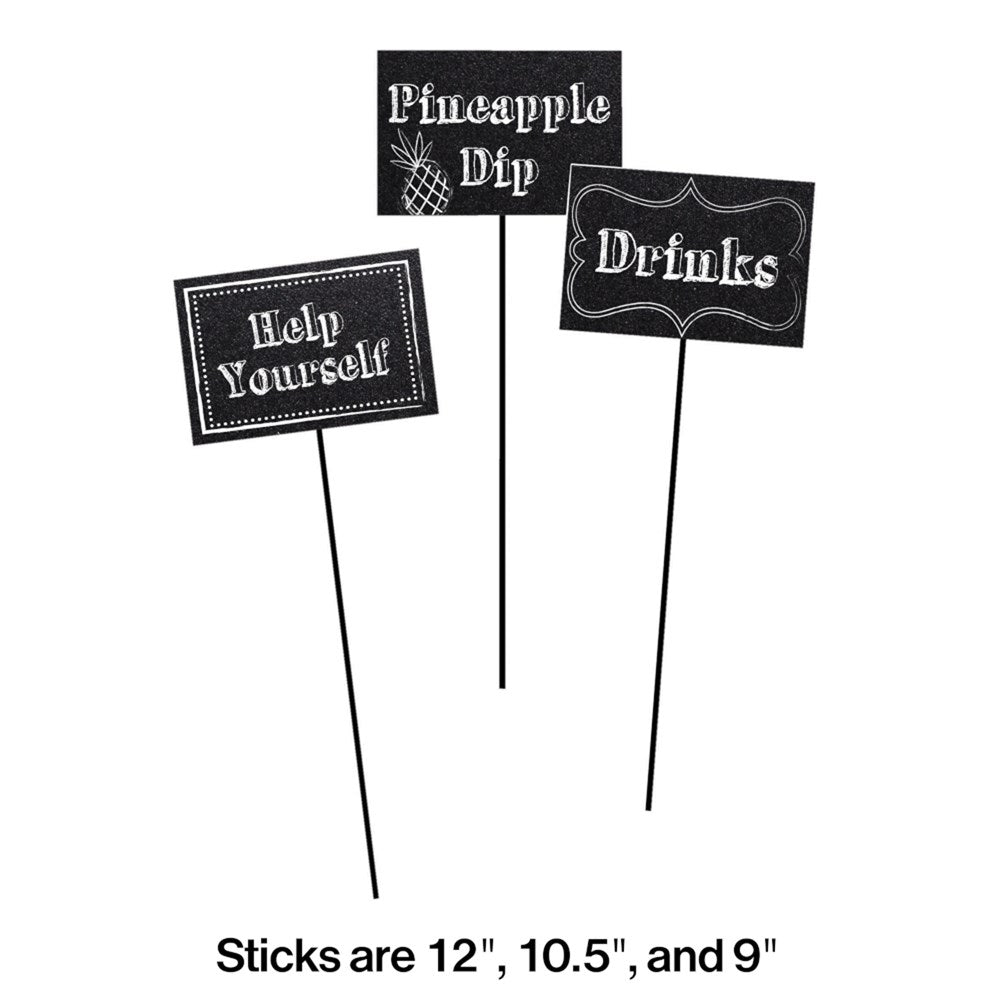 Set of three black chalkboard sticks with decorative white text reading "Pineapple Dip," "Help Yourself," and "Drinks,".