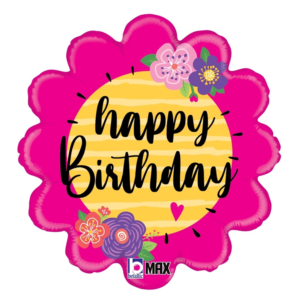 Pink flower-shaped foil balloon with yellow center, decorated with colorful flowers and "happy birthday" text.