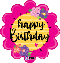 Round pink foil balloon with yellow center, "happy birthday" text, and colorful flower illustrations.