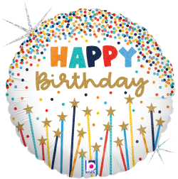 Round foil balloon with colorful confetti border, gold stars and candles, "Happy birthday" in blue, orange, and gold letters.