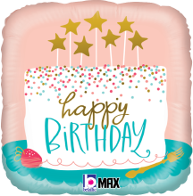 Square pink foil balloon with a colorful confetti cake design and gold star toppers, "Happy Birthday" text in gold and teal.