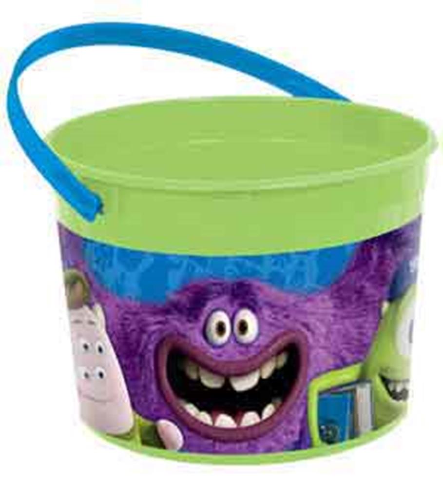 Green plastic favor bucket with blue handle featuring colorful Monsters University characters.