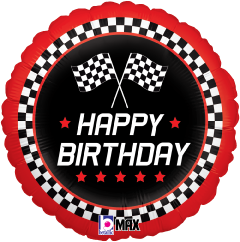 Round 18-inch foil balloon with red scalloped edge, black center, checkered flag pattern, and white "Happy Birthday" text.