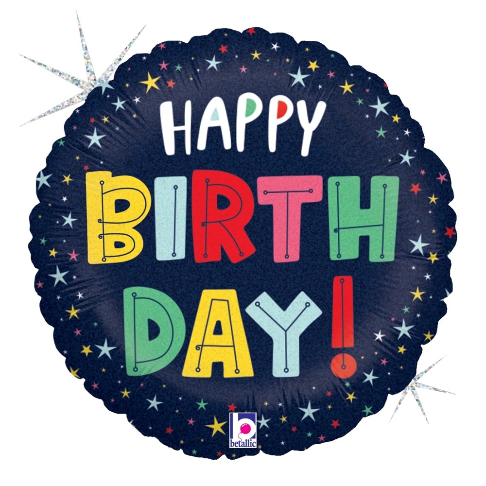 Round 18-inch foil balloon with a holographic navy background, colorful stars, and "Happy Birthday!" in bold multicolor.