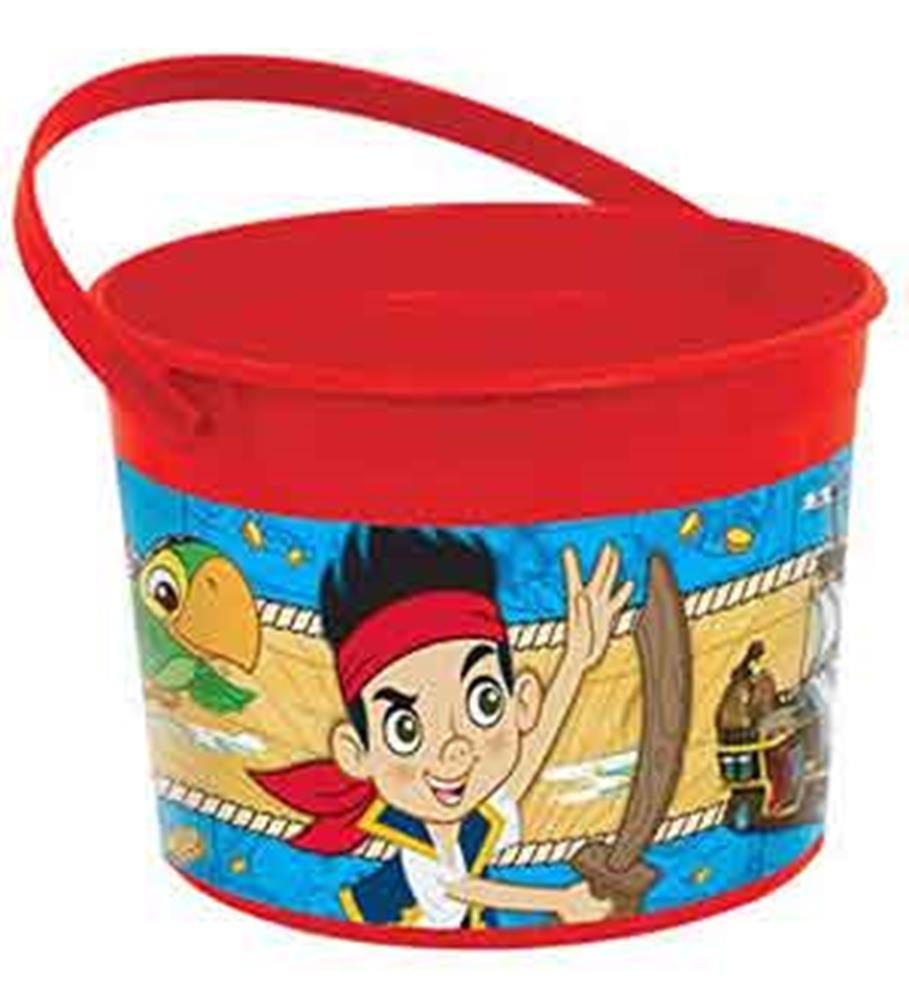 Red plastic favor container with Jake and The Neverland Pirates design, featuring cartoon characters and a wooden ship.